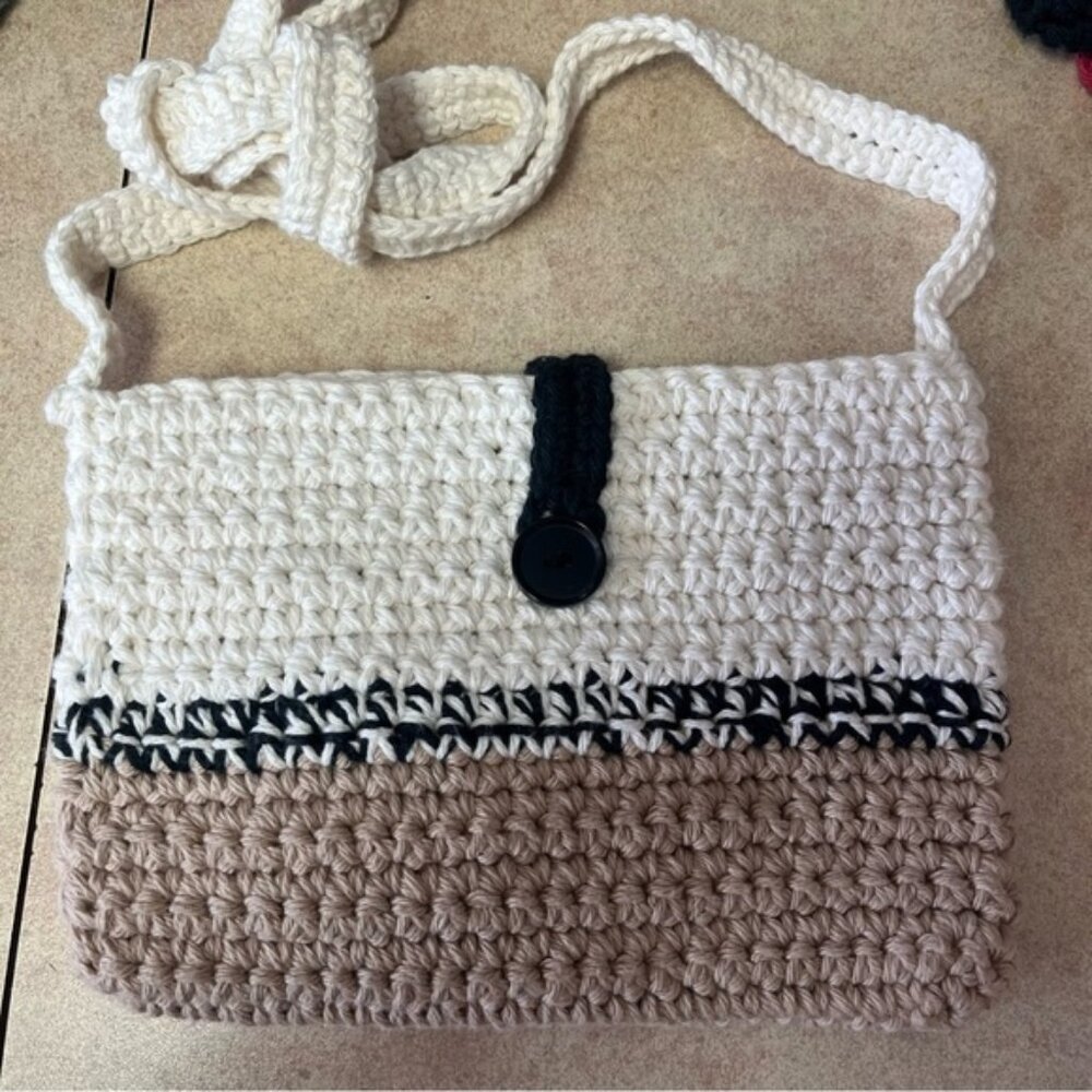 New Handcrafted Crochet Taupe, Black & Ivory Crossbody Shoulder Tote Bag
